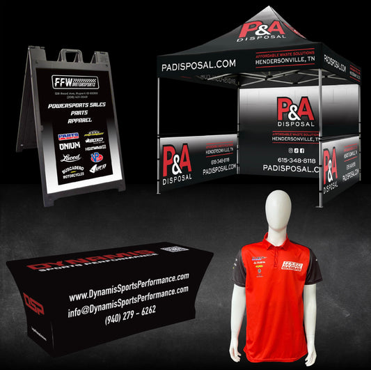 Custom canopy tent, custom table cover, custom sign, custom apparel